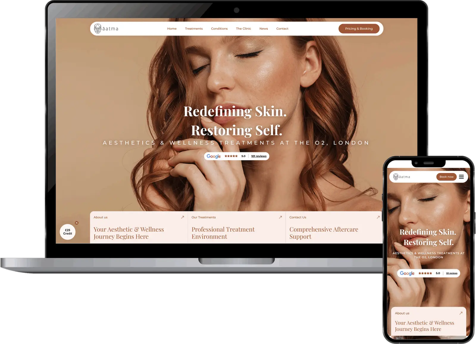Aatma Aesthetics clinic website design displayed on laptop and mobile mockup showing luxury medical aesthetic website in London