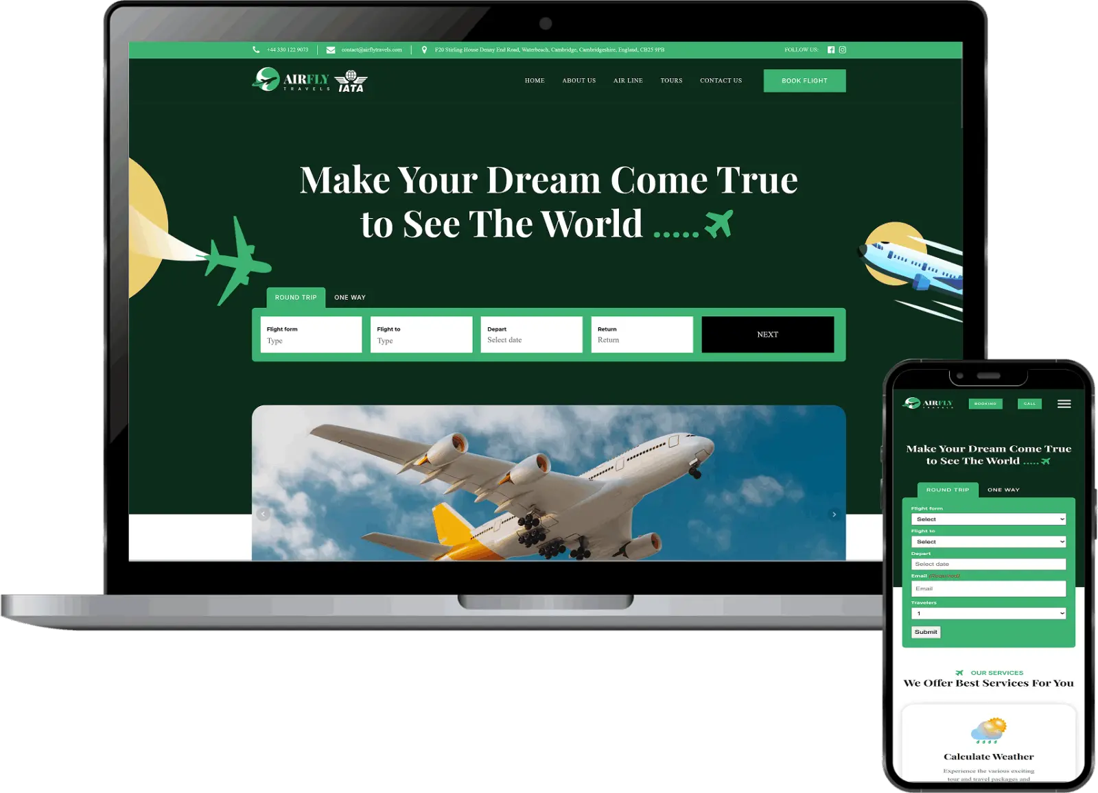 Airfly Travels website design displayed on laptop and mobile mockup showing travel agency and flight booking website UI