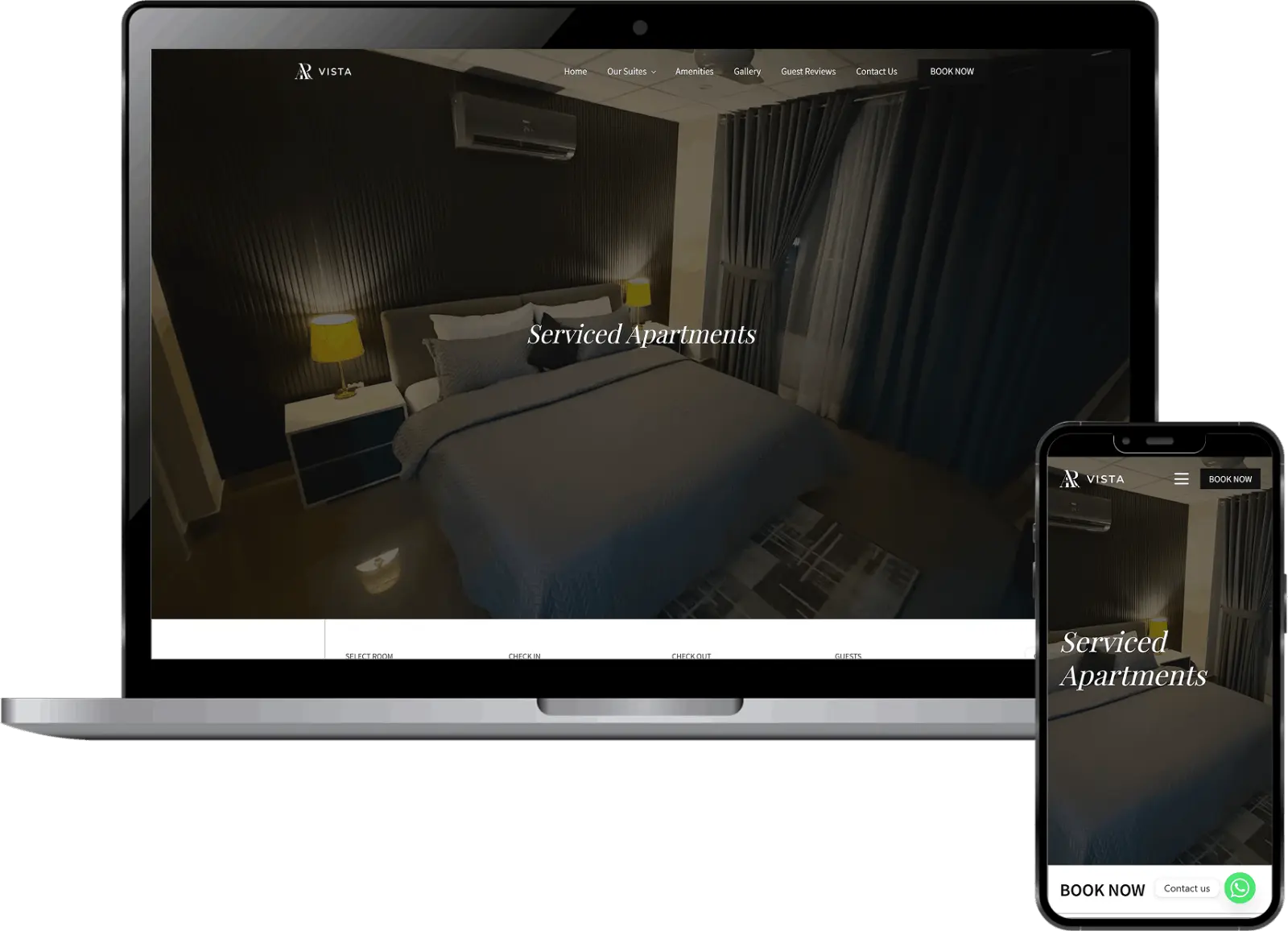 AR Vista Apartments website design displayed on laptop and mobile mockup showing luxury serviced apartment booking website in Pakistan
