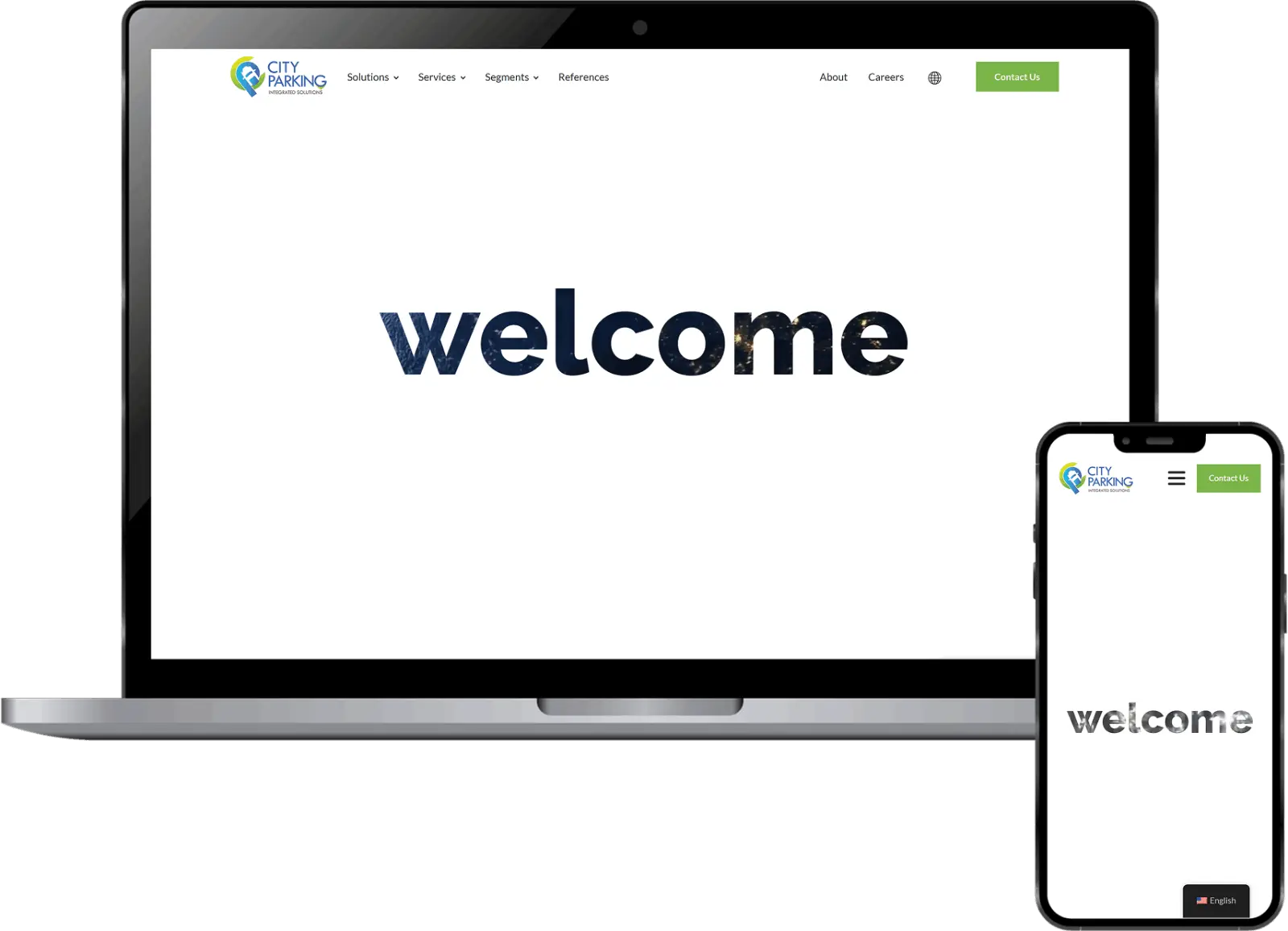 City Parking smart parking system website displayed on laptop and mobile mockup showing corporate website design for parking solutions