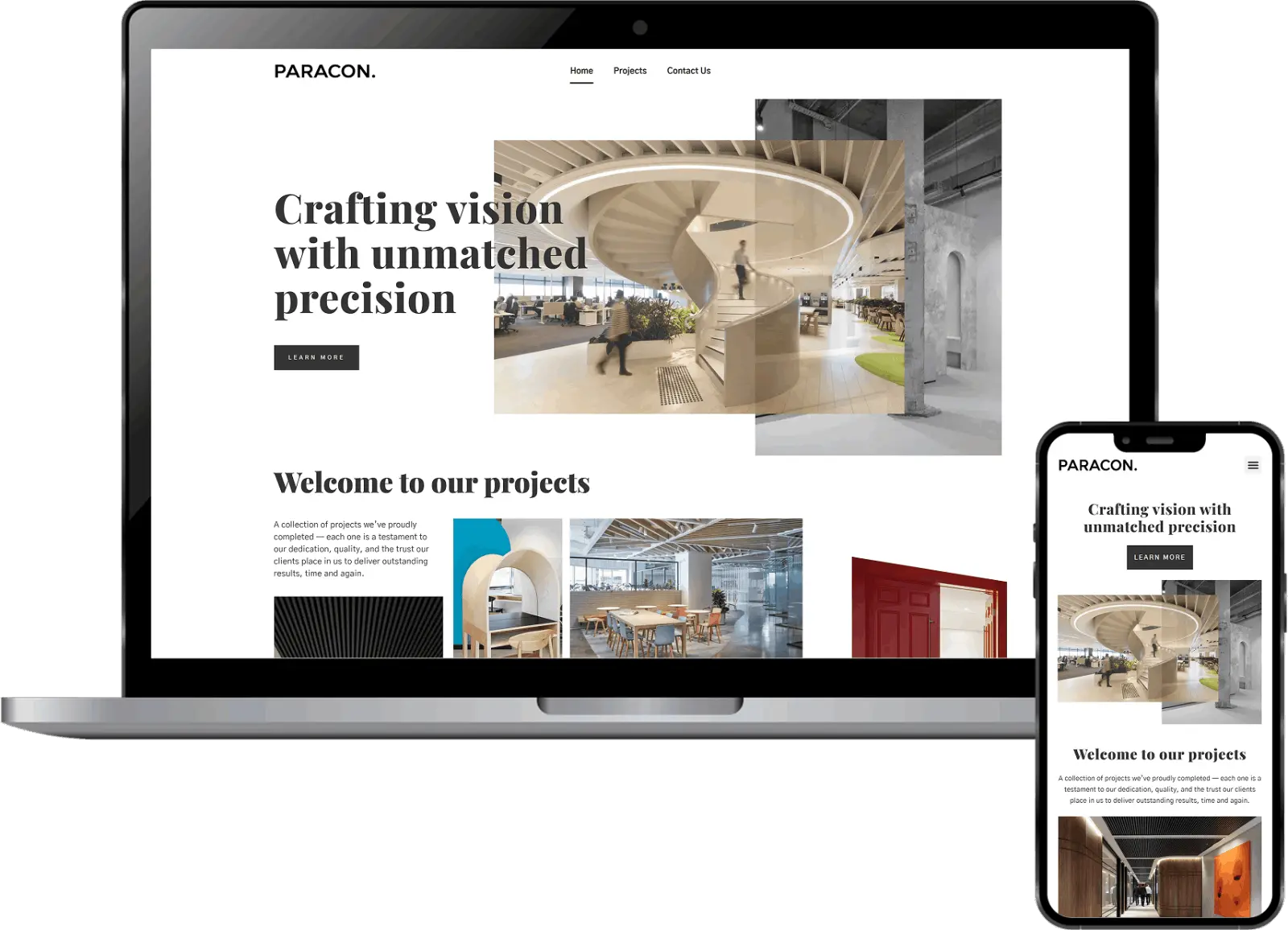 Construction company website design displayed on laptop and mobile mockup showing corporate fitout and refurbishment website
