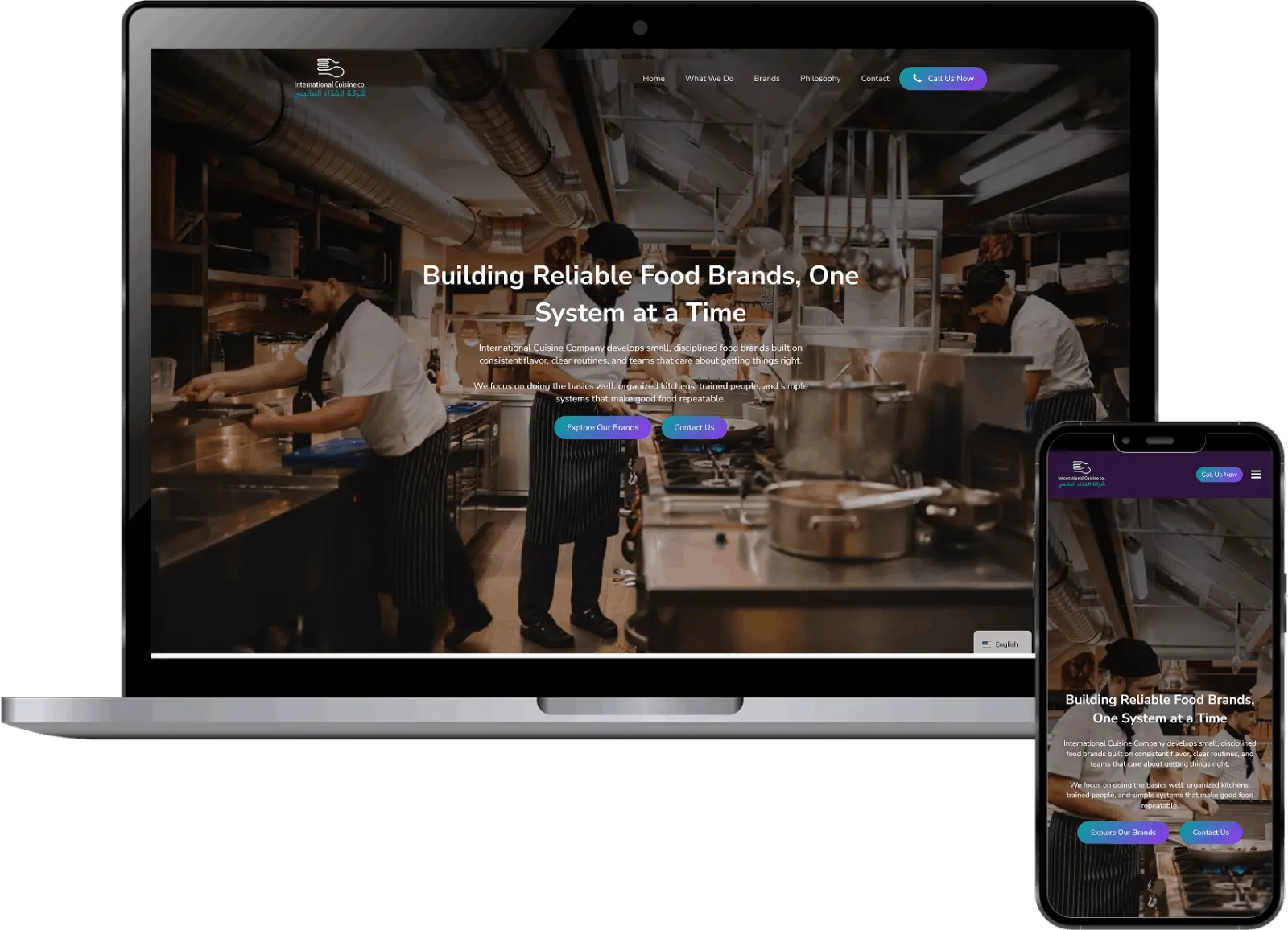 Corporate food company website design displayed on laptop and mobile mockup showing multi-brand food business and catering company
