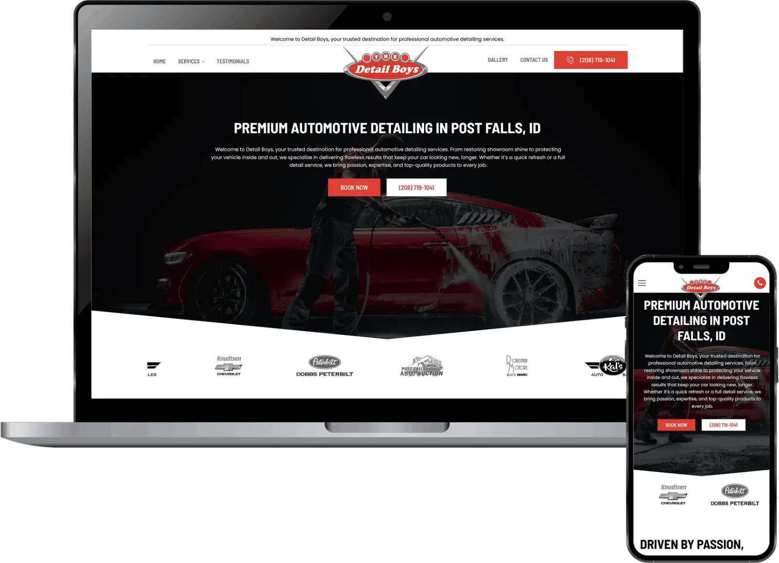 Detail Boys automotive detailing website design showing car detailing services and before after transformation UI