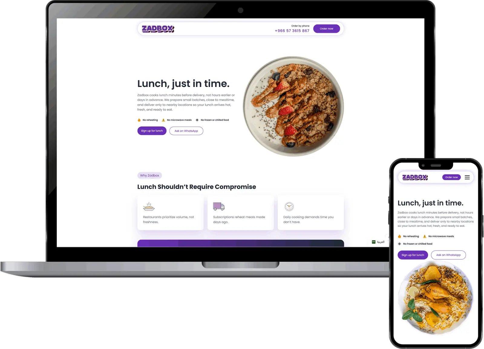 Food delivery website design displayed on laptop and mobile mockup showing fresh meal subscription landing page and signup form