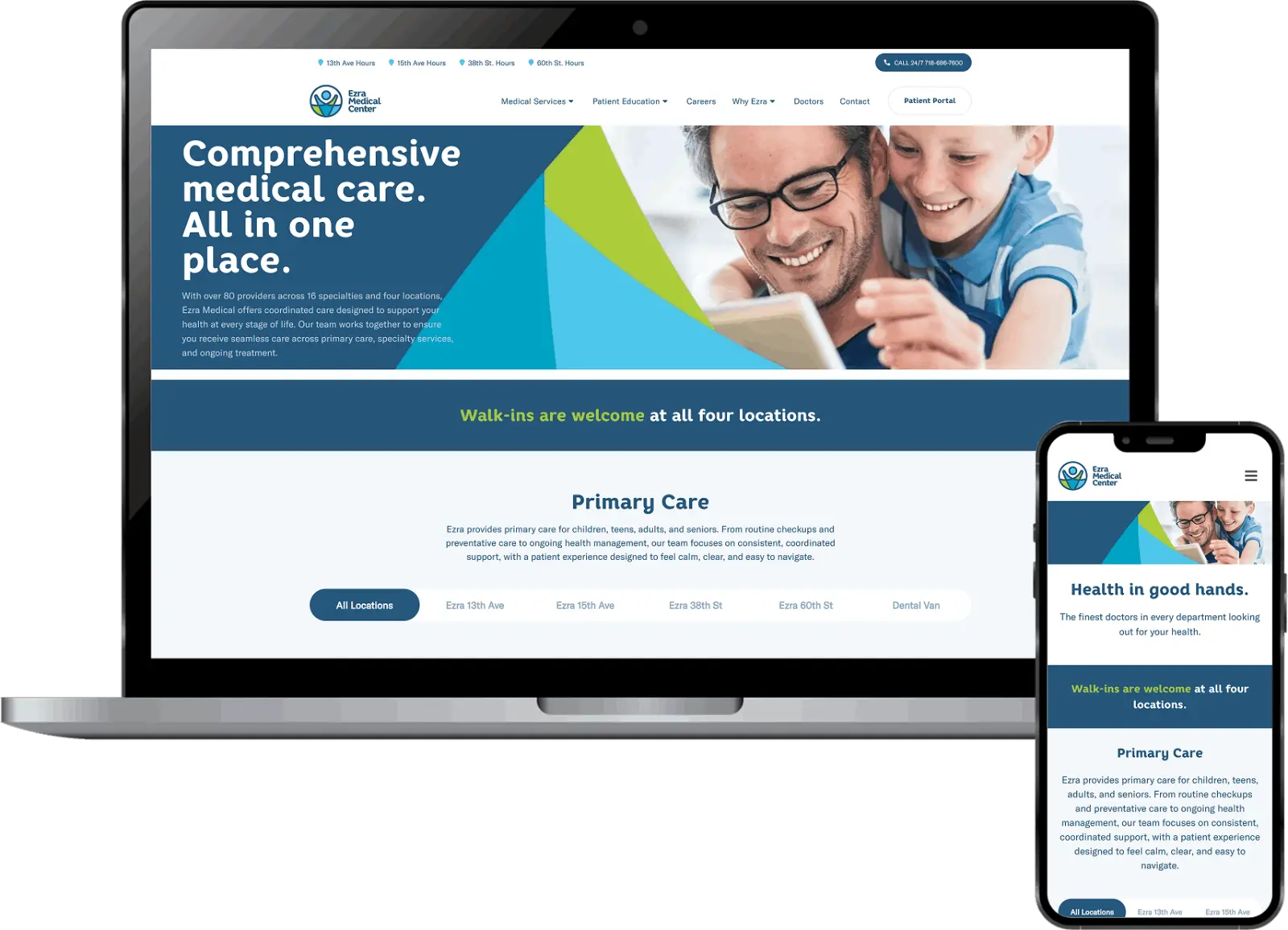 Medical center website design displayed on laptop and mobile mockup showing healthcare services, multi-location clinic structure, and patient interface