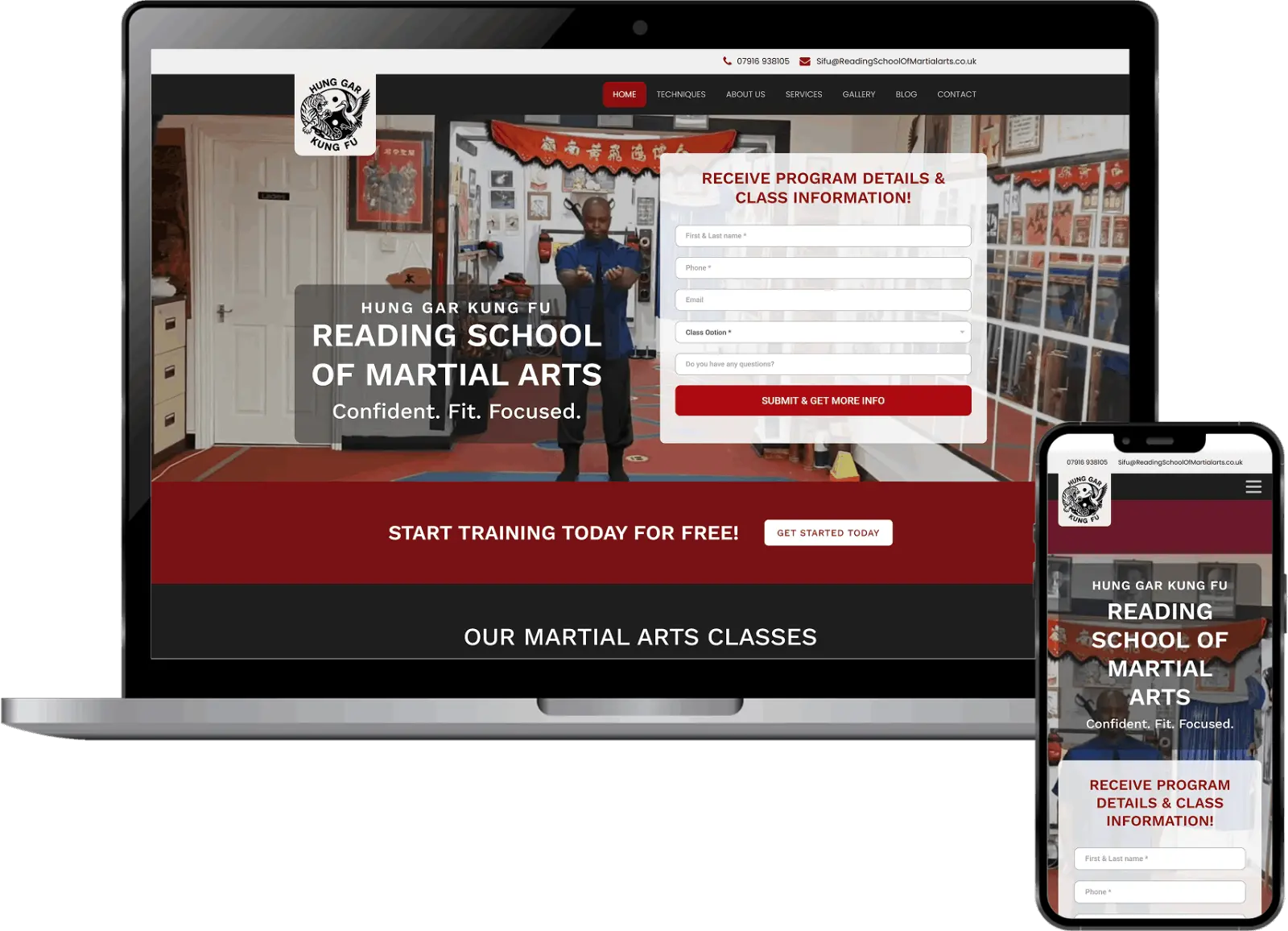 Martial arts website design displayed on laptop and mobile mockup showing Kung Fu training website for academy in Reading UK