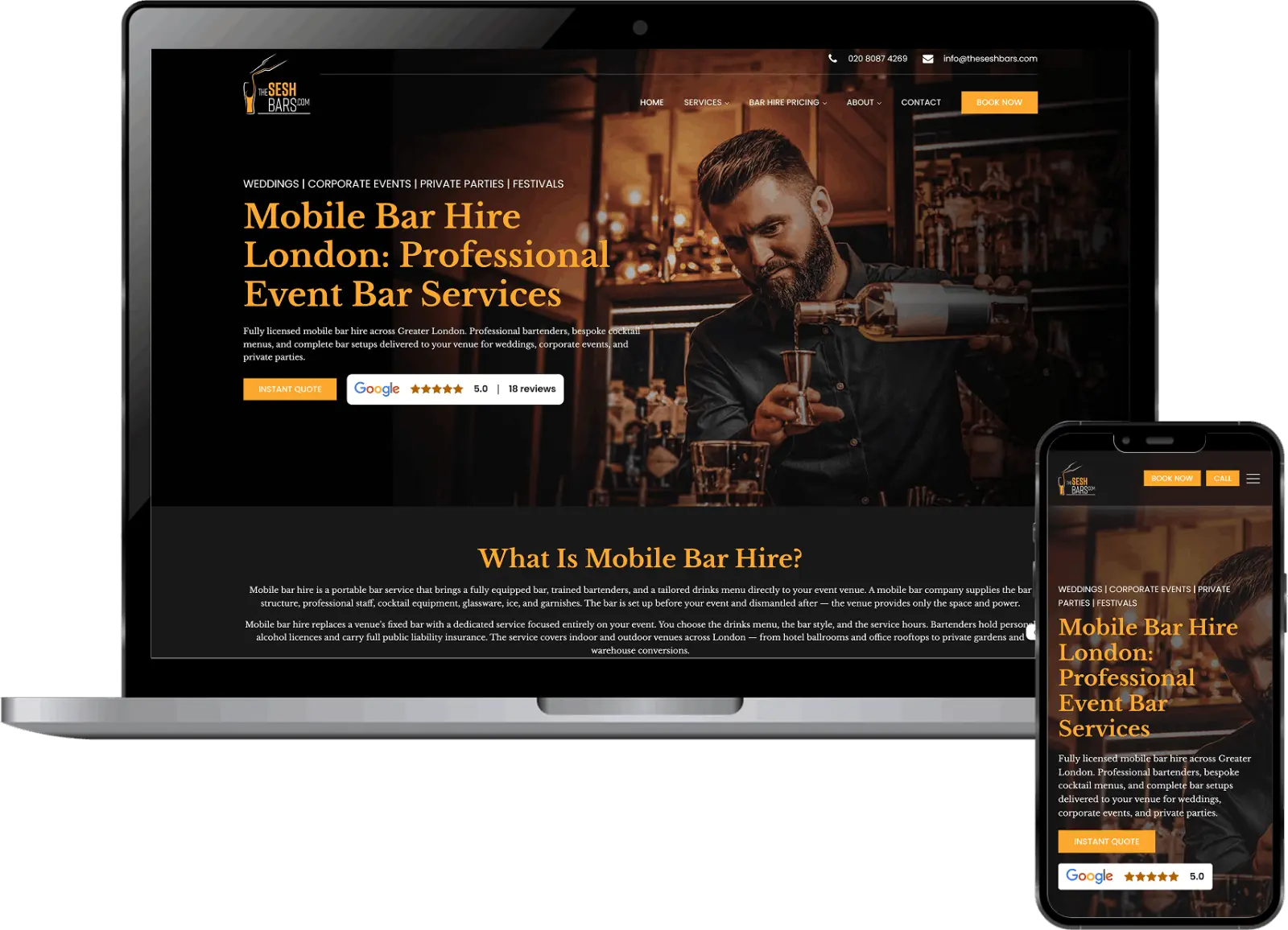Mobile bar hire website design displayed on laptop and mobile mockup showing event service website for The Sesh Bars London