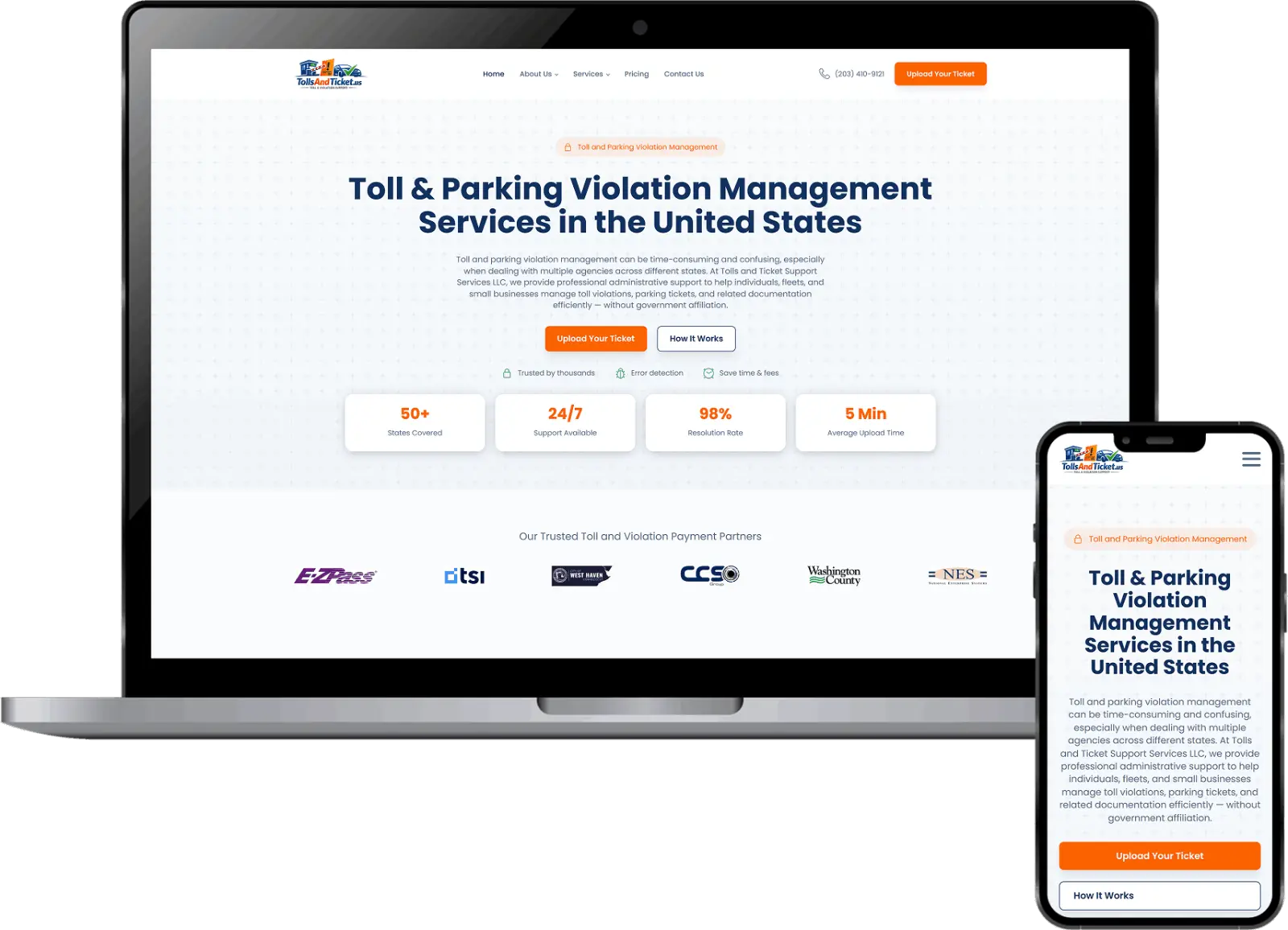 Toll and parking violation management website displayed on laptop and mobile mockup showing service website UI for US-based support company