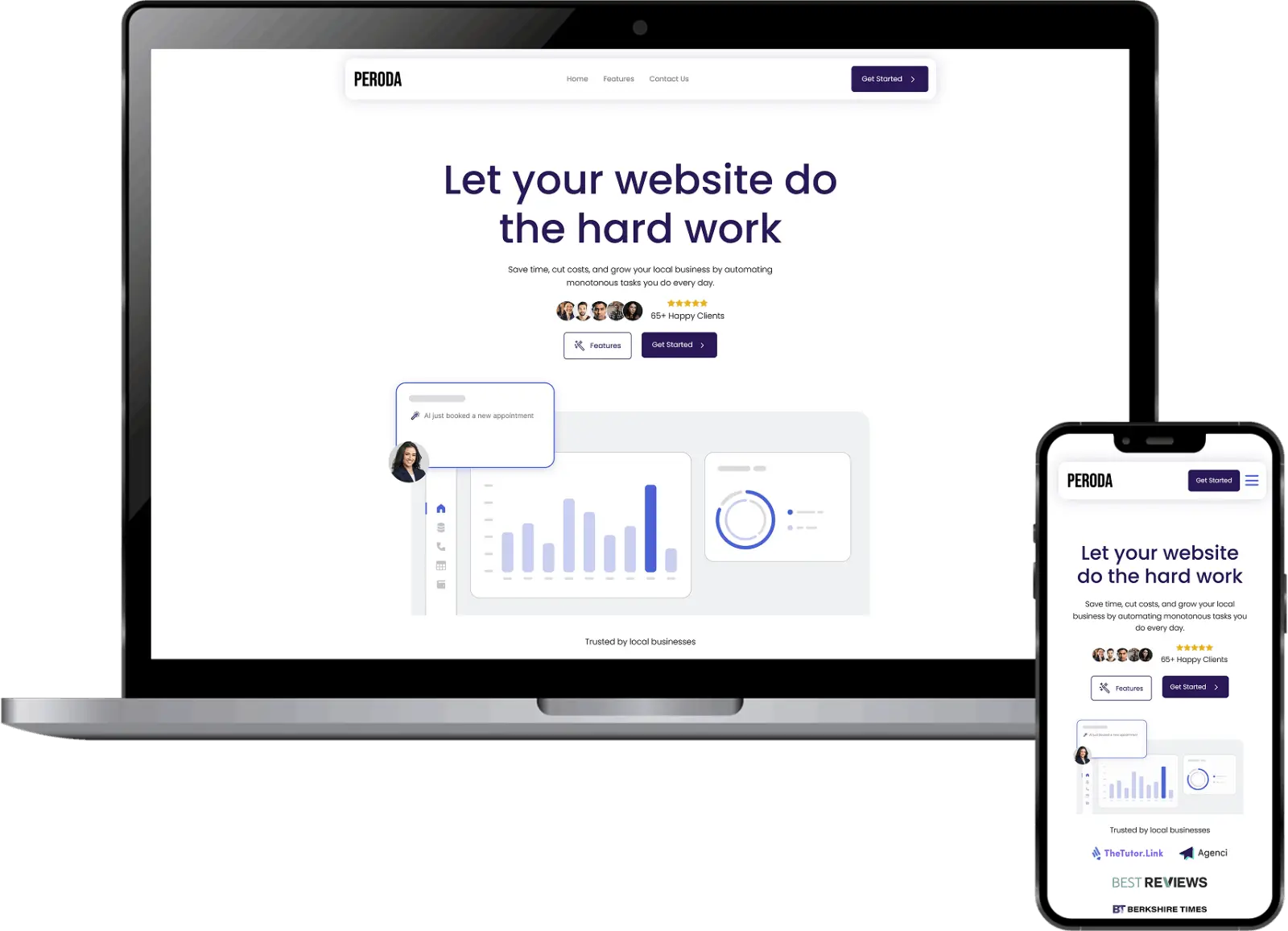 SaaS AI automation website design displayed on laptop and mobile mockup showing business automation platform dashboard and landing page