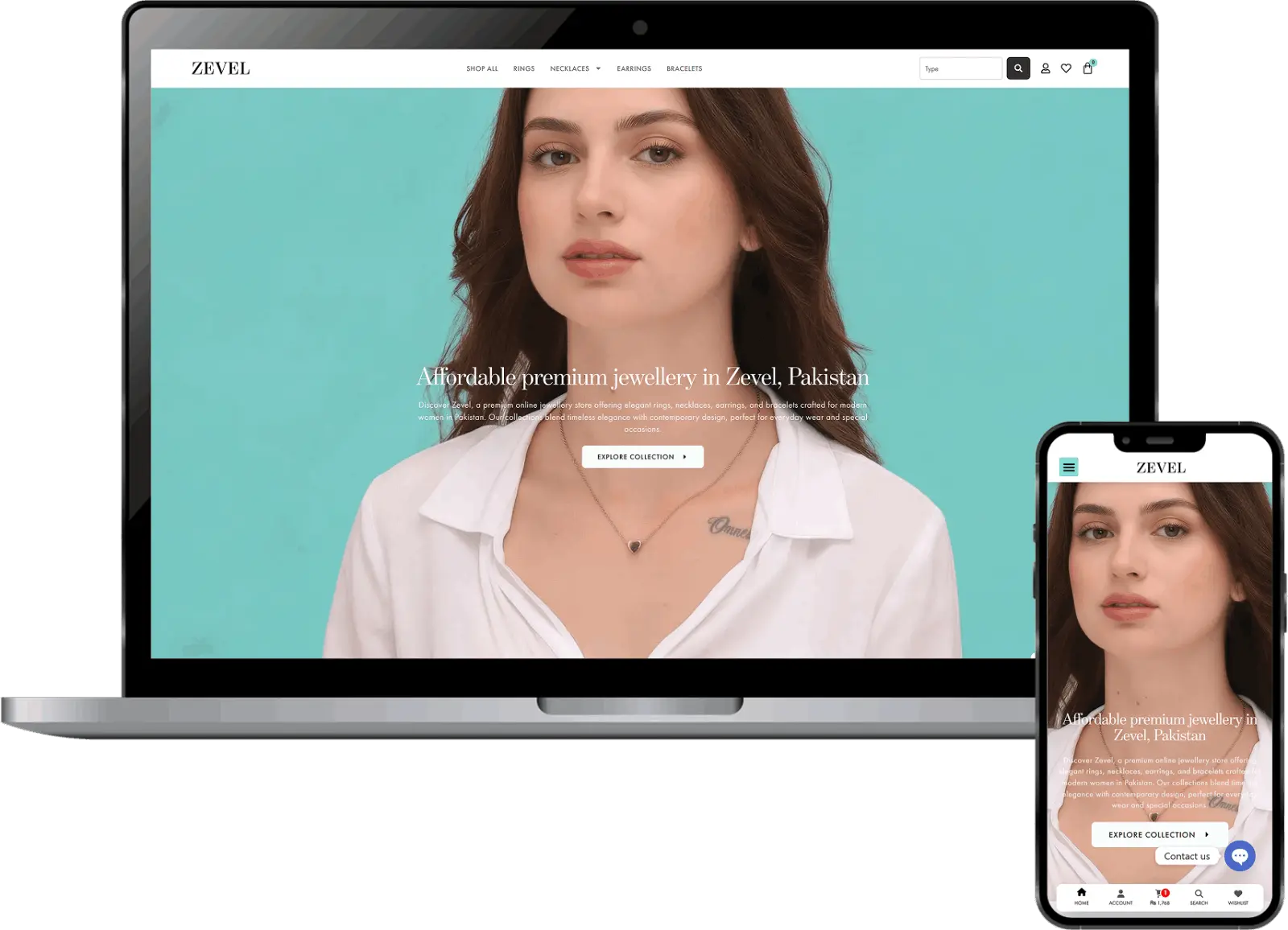 Zevel premium jewellery website design displayed on laptop and mobile mockup showcasing e-commerce UI in Pakistan