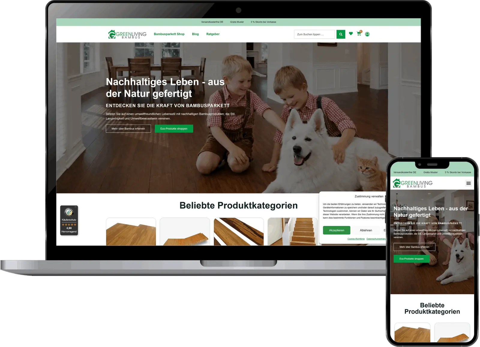 Bamboo flooring e-commerce website design for Green Living Bambus with modern eco-friendly WooCommerce layout