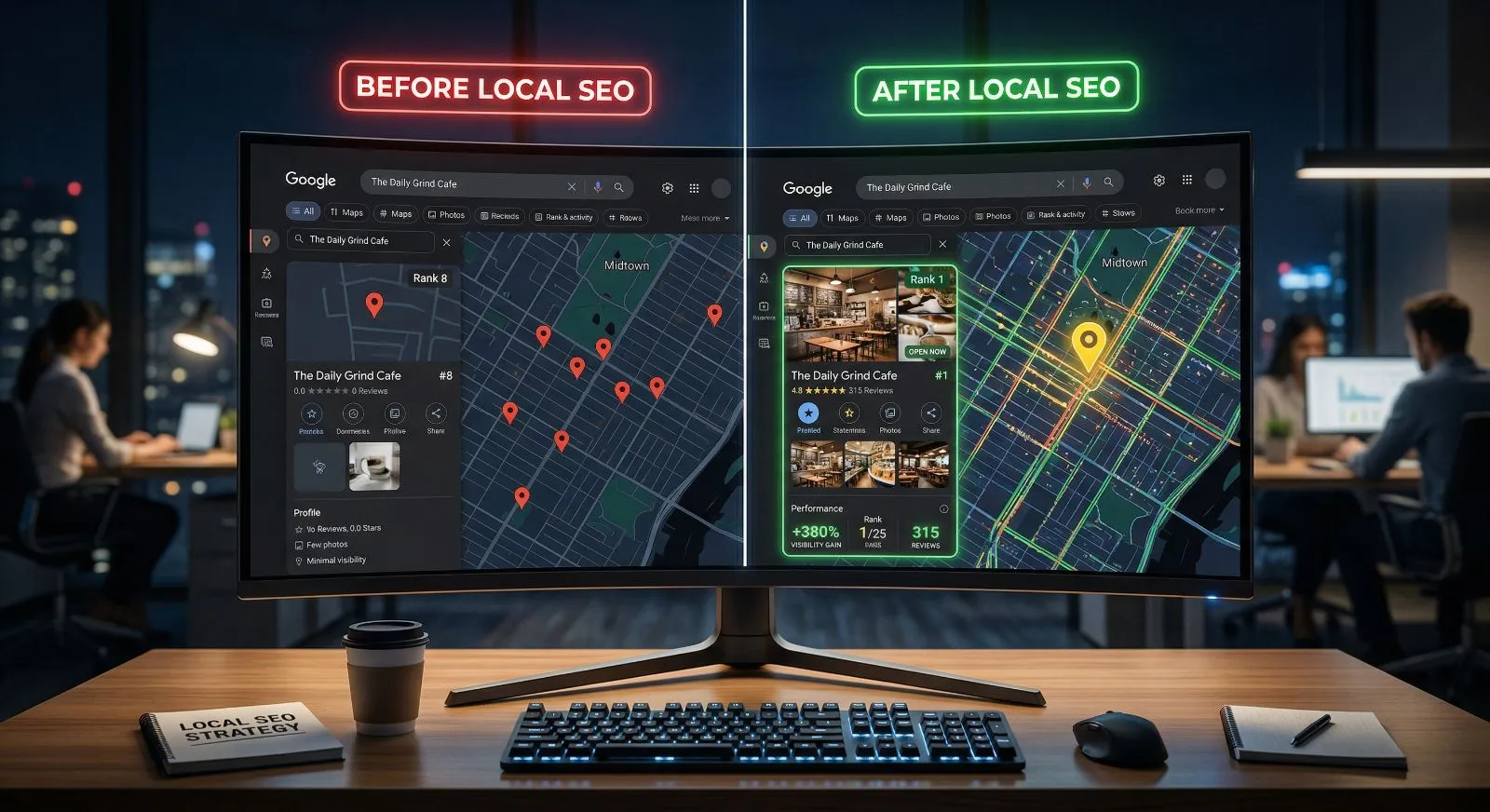 Local SEO strategy results showing before and after Google Maps ranking with improved visibility and reviews