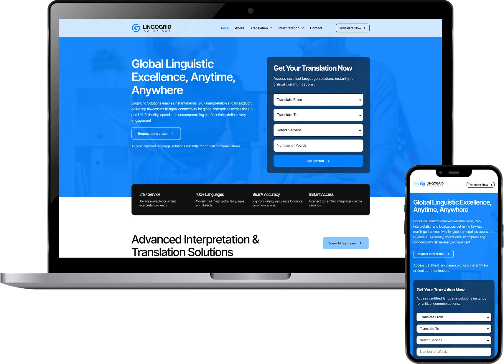 Translation and interpretation website design for LingoGrid Solutions built with WordPress and Elementor