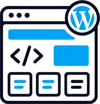 Custom WordPress website development icon showing code, layout blocks, and a WordPress-style website interface