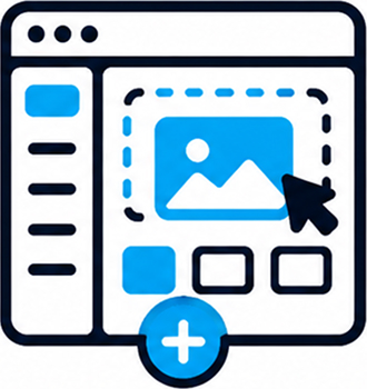 Elementor website development icon showing a drag and drop visual builder interface with layout blocks