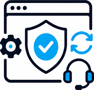 Long-term WordPress support icon showing a shield, gear, refresh arrow, and support headset