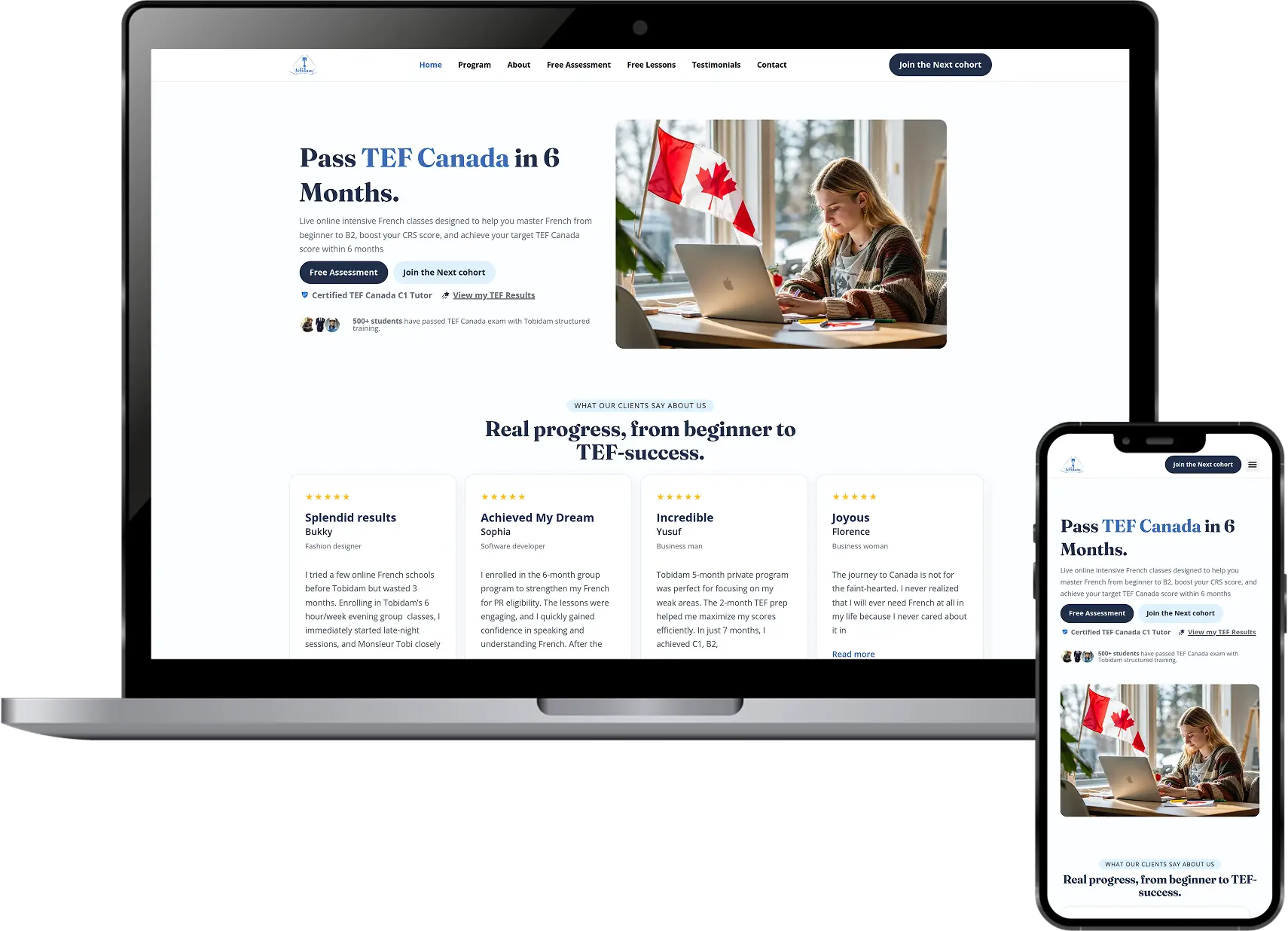 Tobidam homepage optimization case study showing desktop and mobile homepage redesign
