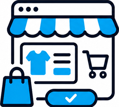 WooCommerce development icon showing an online store, product card, shopping cart, and checkout button