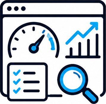 WordPress performance and technical SEO icon showing a speed gauge, ranking chart, checklist, and search symbol
