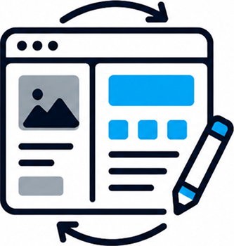 WordPress website redesign icon showing a before and after website layout with refresh and edit symbols